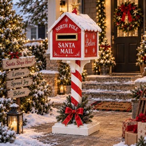 Peut inclure: Une boîte aux lettres rouge et blanche North Pole Santa Mail avec un toit en pente, un poteau rayé façon sucre d'orge et une étoile dorée au sommet. L'avant porte le texte North Pole et Santa Mail, et le côté affiche le mot Believe en blanc.