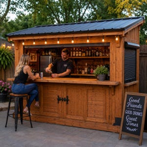 May include: A wooden outdoor bar structure with a dark metal roof, string lights, and a service counter. The bar features lower cabinet doors with black hardware, shelves stocked with bottles, and a chalkboard sign reading Good Friends, GOOD DRINKS, Great Times.