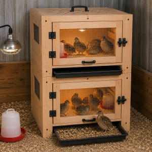 Puede incluir: Una criadora de madera de dos niveles para aves pequeñas con puertas de malla metálica, bisagras y manijas negras. Cada nivel contiene una lámpara de calor, un bebedero y varias aves. Una bandeja negra extraíble se encuentra en la base.