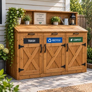 Puede incluir: Una estación de residuos de madera con tres compartimentos y tres puertas abatibles con tiradores y bisagras negras. Las puertas están etiquetadas como TRASH, RECYCLE y COMPOST. Un estante superior contiene plantas, una regadera y un letrero.