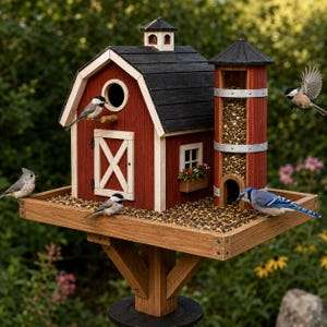 Könnte beinhalten: Ein rot-weißes Vogelfutterhaus in Scheunenform mit schwarzem Dach, einem mit Vogelfutter gefüllten Silo und einer breiten Plattform. Mehrere kleine Vögel, darunter ein Blauhäher und Meisen, sitzen auf oder fliegen um die Struktur herum.