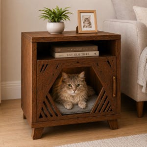 May include: A dark brown wooden pet house with a geometric cutout front door and a grey cushion inside. A long-haired cat rests within the enclosure. The top surface holds a potted green plant, a small picture frame, and two books titled The Kinfolk Home and Live Beautiful.