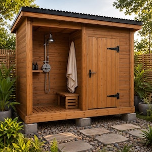 May include: An outdoor wooden shower stall with a corrugated black roof, featuring an open shower area with a metal shower head, a wooden bench, and a towel, alongside a closed wooden door with black hinges and a handle, elevated on concrete blocks.