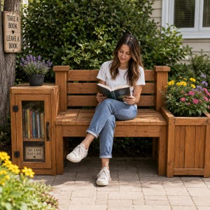 May include: A wooden outdoor bench featuring an integrated glass-door cabinet on the left side for books and a planter box on the right. The cabinet door displays the text "TAKE A BOOK LEAVE A BOOK" with a heart icon, matching a hanging sign.