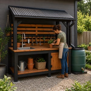 Könnte beinhalten: Eine Gartenwerkbank aus schwarzem und naturfarbenem Holz mit Wellblechdach, Edelstahlspüle, Wasserhahn, einer Rückwand mit Haken für Werkzeuge, einer unteren Ablagefläche sowie einer dunkelgrünen Regentonne mit einem Messingauslauf.