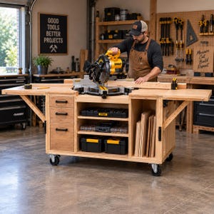 May include: A mobile wooden workbench featuring a central DeWalt miter saw, three drawers with black handles, open shelving with storage cases, and two fold-out side extensions. The unit is mounted on four heavy-duty swivel caster wheels.