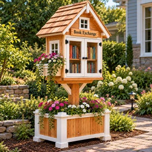 Puede incluir: Una estructura de madera para intercambio de libros con techo a dos aguas, un armario acristalado con dos estantes de libros y una base de jardinera blanca. La unidad está decorada con flores rosas y blancas y un letrero que dice Book Exchange.