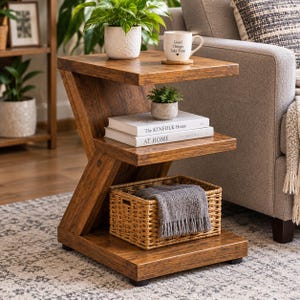 May include: A Z-shaped wooden side table with a rich brown finish, featuring three tiers. The top surface holds a white potted plant and a white mug with the text Good Things Take Time. The middle shelf holds two books and a small potted plant.