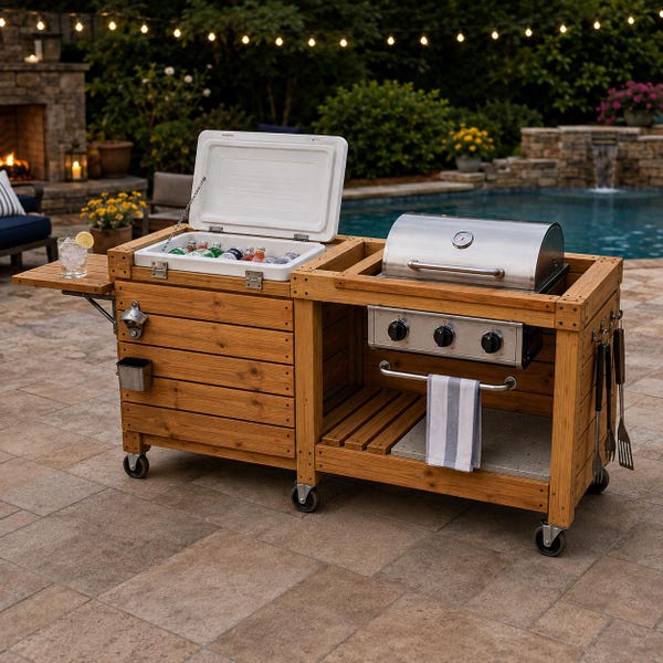Rolling Patio Cooler and Grill Cart Combo Plans, Outdoor BBQ Prep Station Woodworking PDF