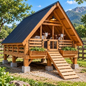 May include: A wooden A-frame goat shelter with a black corrugated metal roof, elevated on concrete blocks. The structure features a slatted wooden fence, a central gate, a wooden ramp, and two attached window boxes containing green plants.