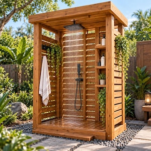 Puede incluir: Una cabina de ducha exterior construida con listones de madera natural que cuenta con un cabezal de ducha tipo lluvia negro, una ducha de mano y estantes integrados. Una toalla blanca cuelga de un gancho lateral y plantas verdes decoran la estructura.