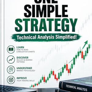 Puede incluir: Una portada de libro titulada "MAKE MONEY WITH ONE SIMPLE STRATEGY Technical Analysis Simplified!" con diseño en verde y blanco, un gráfico de velas ascendente y cuatro puntos sobre análisis técnico y psicología de mercado.
