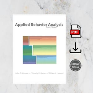 May include: A digital book cover for Applied Behavior Analysis Third Edition by John O. Cooper, Timothy E. Heron, and William L. Heward. The cover features a central graphic of horizontal color bands and includes a PDF icon with a download arrow.