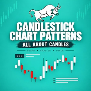 Pode incluir: Um gráfico turquesa com uma ilustração de um touro branco acima do texto CANDLESTICK CHART PATTERNS ALL ABOUT CANDLES LEARN ANALYZE TRADE. Abaixo do texto, há um gráfico de velas com barras vermelhas e brancas num fundo turquesa.