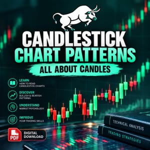 May include: A digital download graphic titled CANDLESTICK CHART PATTERNS ALL ABOUT CANDLES featuring a white bull illustration, green and red candlestick charts, and text listing learning objectives next to two books labeled Technical Analysis and Trading Strategies.