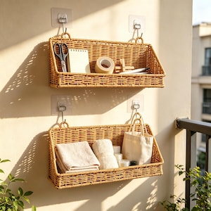 May include: Two rectangular, light brown woven wicker wall baskets mounted on a wall with clear adhesive hooks. The top basket holds scissors, a notepad, tape, and pens. The bottom basket contains folded white towels and a small canvas tote bag.