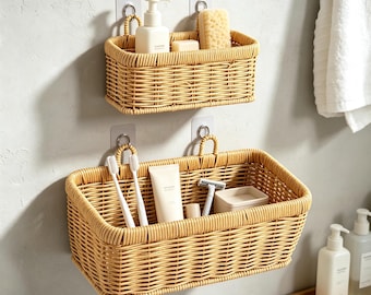 Cestino portaoggetti da parete intrecciato, appendiabiti in rattan, adatto per decorare le pareti di cucina e bagno.