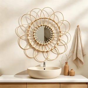 May include: A round wall mirror featuring a decorative frame made of light-colored bent rattan arranged in a flower-like petal pattern. The mirror is positioned above a smooth, beige, oval-shaped vessel sink with a central chrome faucet fixture.