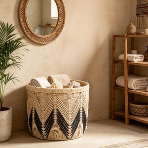 May include: A round woven basket featuring a natural beige and black chevron pattern. The basket is filled with folded light-coloured towels and small round bath accessories. The structure is made of tightly coiled fibres with a sturdy rim.