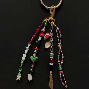 Handmade Palestine-Inspired Bag Charm Accessory | Palestinian Colors, Watermelon Pattern Beading. Map, Watermelon, and Olive Branch Charms
