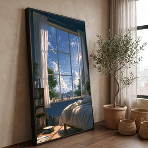 Puede incluir: Un espejo de pie alto y rectangular con un marco negro fino. El espejo refleja una escena de dormitorio con una ventana grande con cortinas blancas, una estantería llena de libros y una cama con ropa de cama blanca bajo un cielo azul.