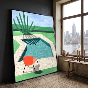 May include: A large rectangular framed painting depicting a swimming pool with turquoise water, a bright orange chair on a speckled patio, and a large green plant. The scene features a green lawn under a light blue sky, rendered in a painterly style.