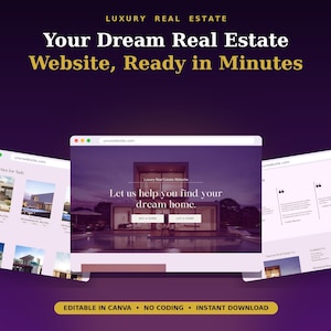Könnte beinhalten: Eine digitale Vorlage für eine Luxus-Immobilien-Website mit drei Browserfenster-Mockups vor einem dunkelvioletten Hintergrund. Der Text enthält "Luxury Real Estate", "Your Dream Real Estate Website, Ready in Minutes" und "Editable in Canva".