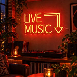 Live Music Neon Sign, Music Room Wall Decor, Bar Studio LED Light