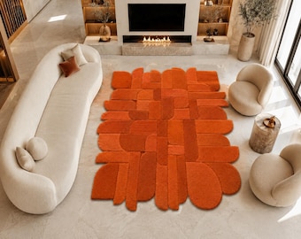 Oranger abstrakter Teppich, handgetufteter Wollteppich, moderner geometrischer Teppich, luxuriöser Wohnzimmerteppich, zeitgenössischer Statement-Teppich