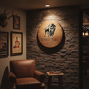 May include: A circular wooden sign featuring a black buffalo graphic and the text Buffalo Trace Kentucky Straight Bourbon Whiskey mounted on a dark stone wall above a brown leather armchair and a small wooden side table with a glass of amber liquid.