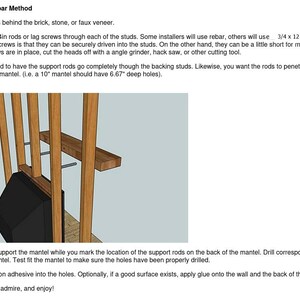 May include: An instructional diagram titled Slide on Over Rebar Method showing a wooden wall stud frame with a brown wooden mantel shelf mounted on two horizontal metal support rods, positioned above a black rectangular fireplace insert.