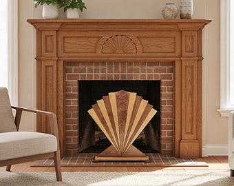 May include: A wooden fireplace screen featuring a fan-shaped design with alternating light and dark wood grain panels. The screen is positioned in front of a brick fireplace hearth, which is framed by a large, carved oak wood mantelpiece.