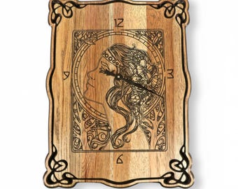 May include: A rectangular wooden wall clock with a natural grain finish, featuring an intricate laser-engraved profile of a person adorned with flowers. The clock face includes black numerals at the 12, 3, 6, and 9 positions and black hands.