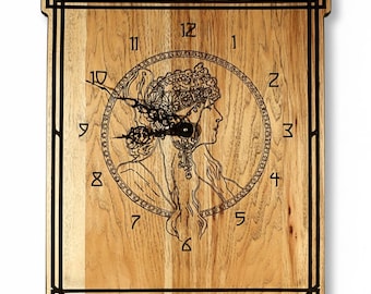 May include: A rectangular wooden wall clock featuring a natural light brown wood grain finish. The clock face displays a black line art illustration of a person in profile within a circular border, surrounded by black numerals and ornate clock hands.