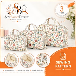May include: Three rectangular zippered bags in small, medium, and large sizes, featuring a multi-colored floral print on a cream background. Each bag has two top handles and a zipper closure. The image includes text: SewBloomDesigns, 3 SIZES, PDF SEWING PATTERN.