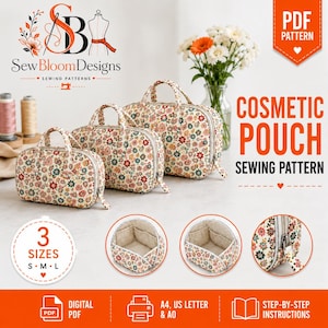 May include: Three cosmetic pouches in small, medium, and large sizes, featuring a floral pattern with red, blue, and yellow flowers on a cream background. Each pouch has two top handles and a zipper closure. The image includes text: COSMETIC POUCH SEWING PATTERN, 3 SIZES S M L, DIGITAL PDF, A4, US LETTER & A0, STEP-BY-STEP INSTRUCTIONS.