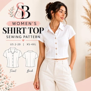 Patron de couture pour chemise cintrée à boutons, haut à manches courtes et pinces pour femme (PDF)
