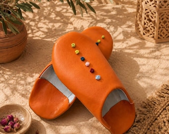 Colorful Moroccan Leather Babouche Slippers, Handmade Women House Shoes, Genuine Leather Indoor Slippers, Boho Artisan Gift