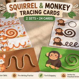 May include: A set of Squirrel & Monkey Tracing Cards featuring 24 cards across 2 sets. The cards display illustrations of squirrels and monkeys with various line patterns for tracing, including printed and physical twine examples on cardstock.