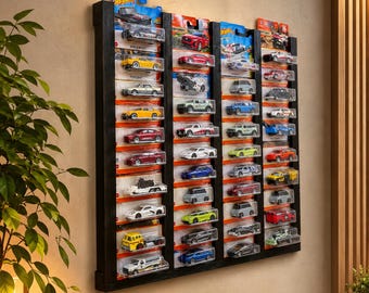 Wooden Diecast Car Display Case, Wall Mounted Collector Shelf, Holds 52 Cars