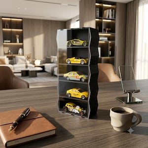 May include: A black vertical display case with five shelves, each holding a yellow toy car. The case has a clear front panel and a zigzag-shaped side frame. The unit is positioned on a wooden surface next to a brown notebook, a pen, and a mug.