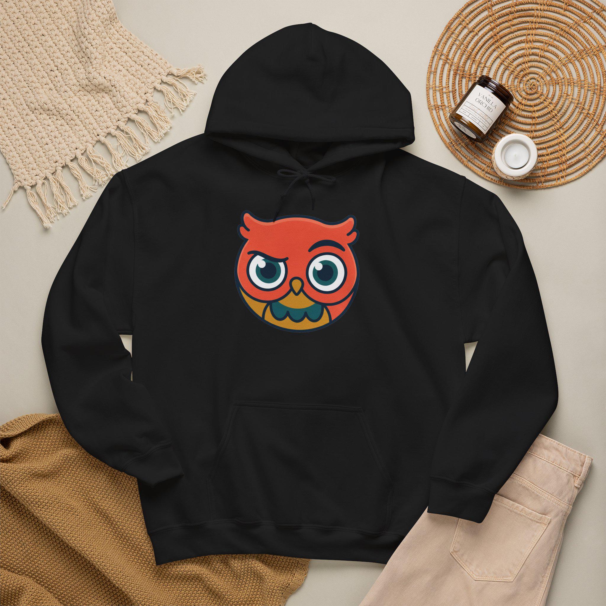 Unisex Heavy Blend Owl Hoodie, Cartoon Bird Graphic Pullover, Cozy Fleece Sweatshirt
