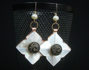 Big Statement Earrings with White Pearls  & Vintage Buttons