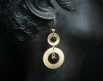 Black Buttons & Gold Hoops Statement Earrings