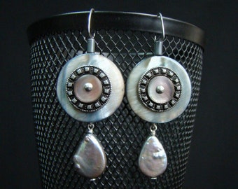 Gray Pearl & Vintage Button Earrings