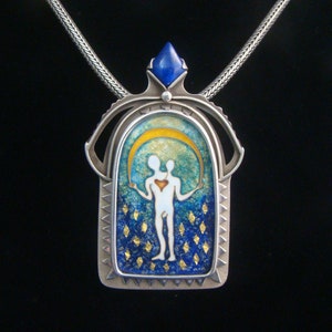 Cloisonne Enamel Pendant, Sterling, Lapis, Handmade Tibetan Chain &quot;One Love&quot;
