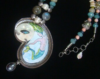 Mermaid Enamel Large Necklace with Sterling, Pearls and Beads