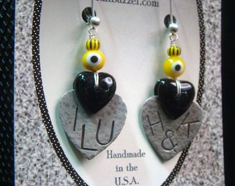 Sterling and Black Onyx Heart Text Earrings--ILU--H&K--colors