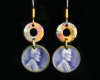 Enameled Lincoln Penny & Copper Washer Drop Earrings