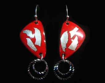 Red Enamel & Silver Foil Drop Earrings